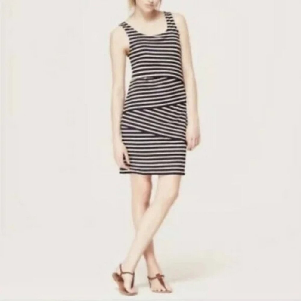Ann Taylor Loft Sleeveless, blue & white striped, asymmetrical tiered dress, SP